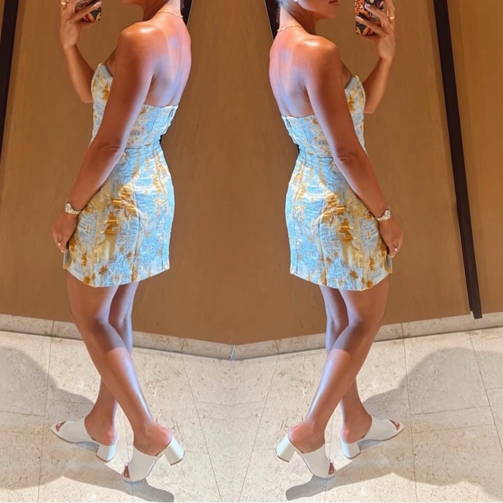 Floral Strapless Dress - Blue and Yellow